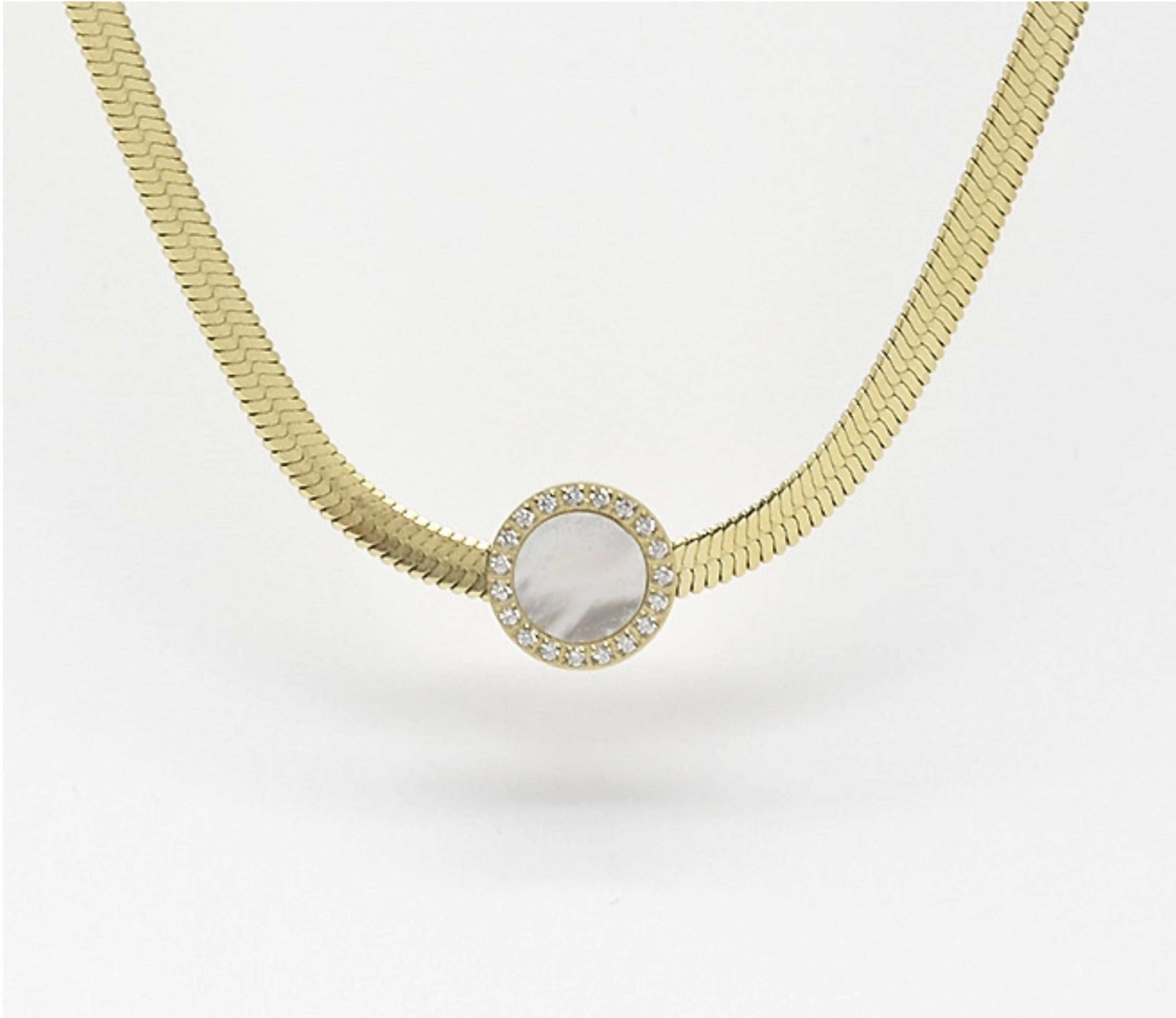 Zag Bijoux Halskette Schlange Gold mit Anhänger Rund Zirkoniensteine und Perlmutt